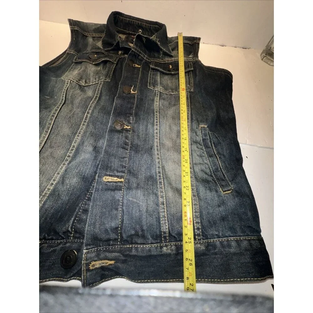i LINK Dark Wash Distressed Button Down Denim Jean Vest Large‎ Y2K